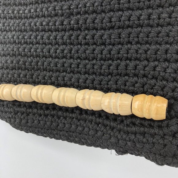VTG 70s Black Macrame Purse Bag Round Handles Wood Beads Boho Handmade Retro - Picture 3 of 11